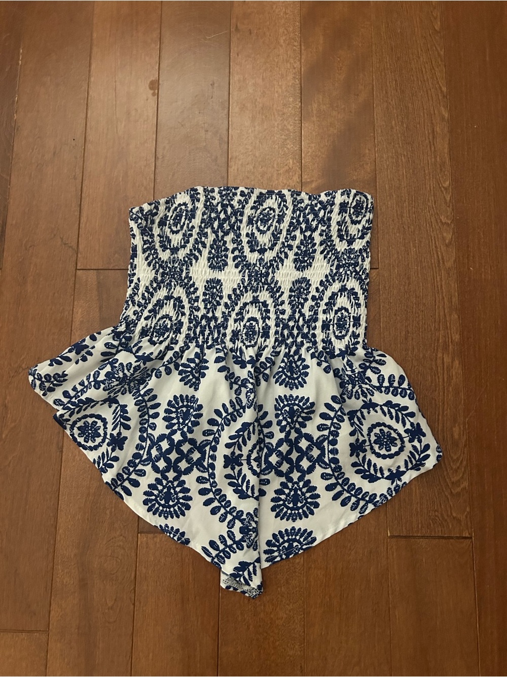 SHEIN White Strapless Smocked Romper with Navy Blue Print